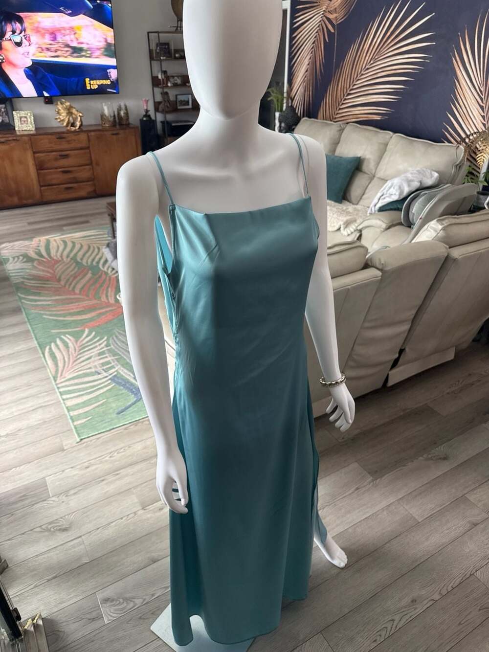 Teal Satin Effect Maxi Dress with Ruffle Back